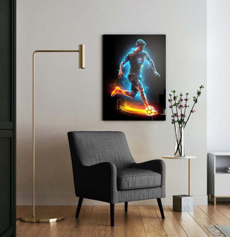 Neon soccer glass wall art in a game room