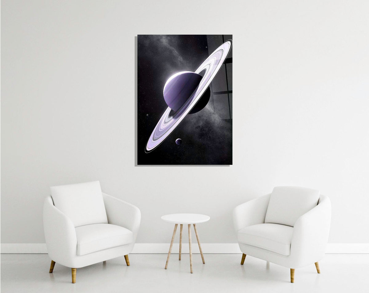 Saturn glass wall art in a bedroom