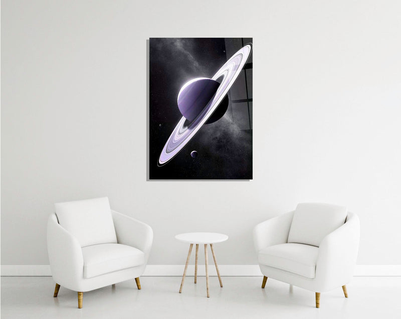 Saturn glass wall art in a bedroom