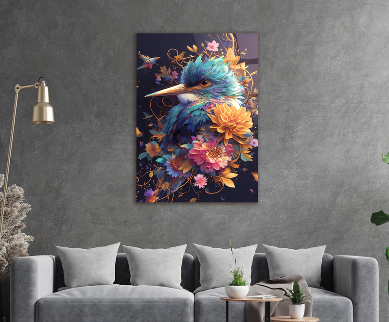 Floral kingfisher glass wall art