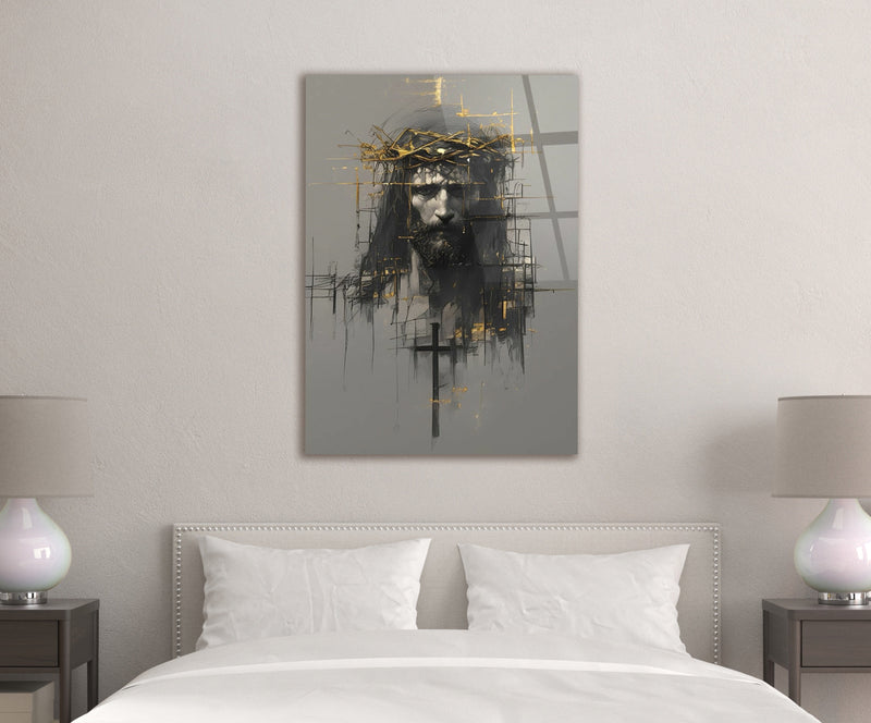 Jesus sketch glass wall art in a living room