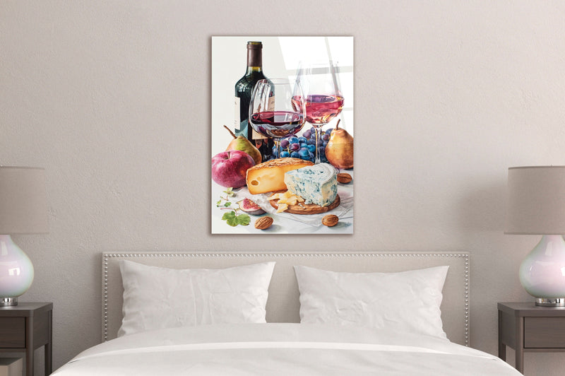 Wine and cheese glass wall art in a dining room