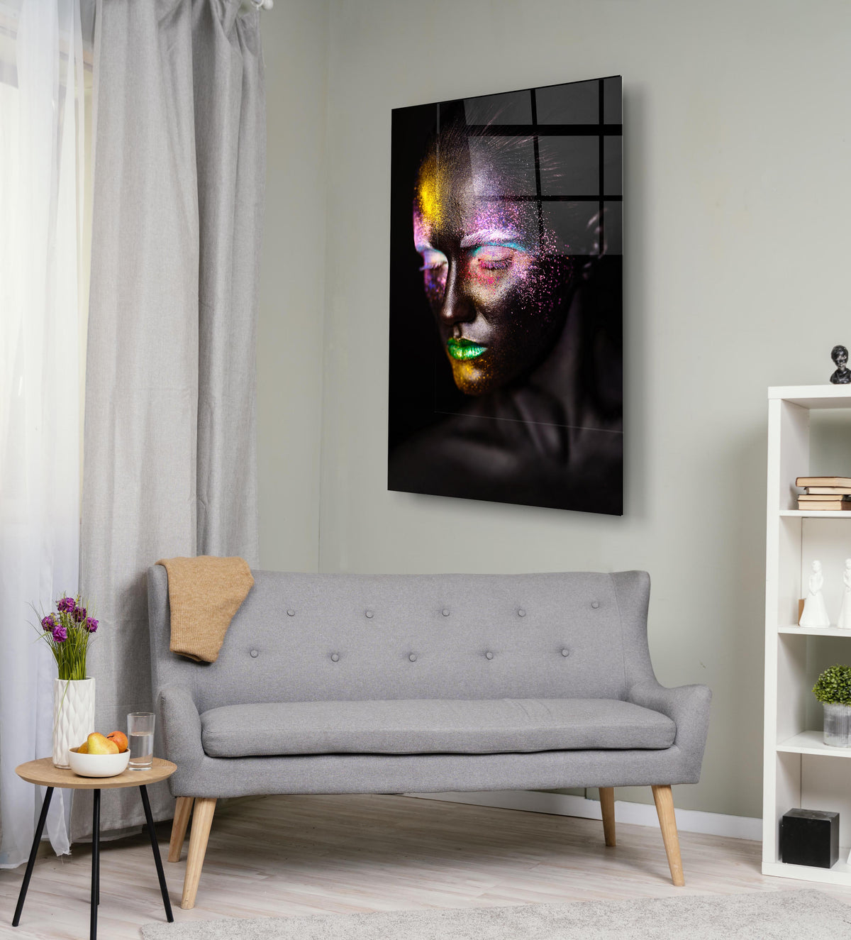 Rainbow Glitter Face Abstract Portrait Glass Wall Art in a living room interior