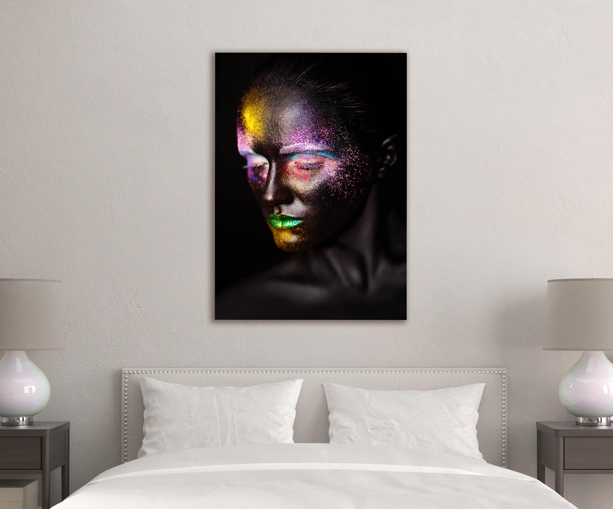 Rainbow Glitter Face Abstract Portrait Glass Wall Art in a modern interior
