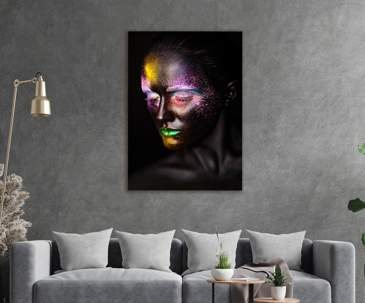 Rainbow Glitter Face Abstract Portrait Glass Wall Art on the wall