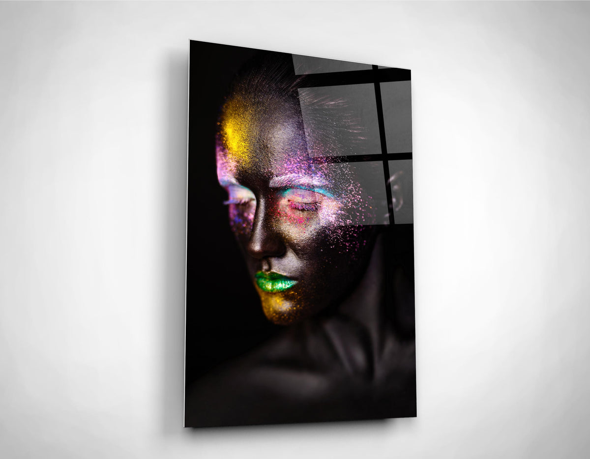Rainbow Glitter Face Abstract Portrait Glass Wall Art close-up
