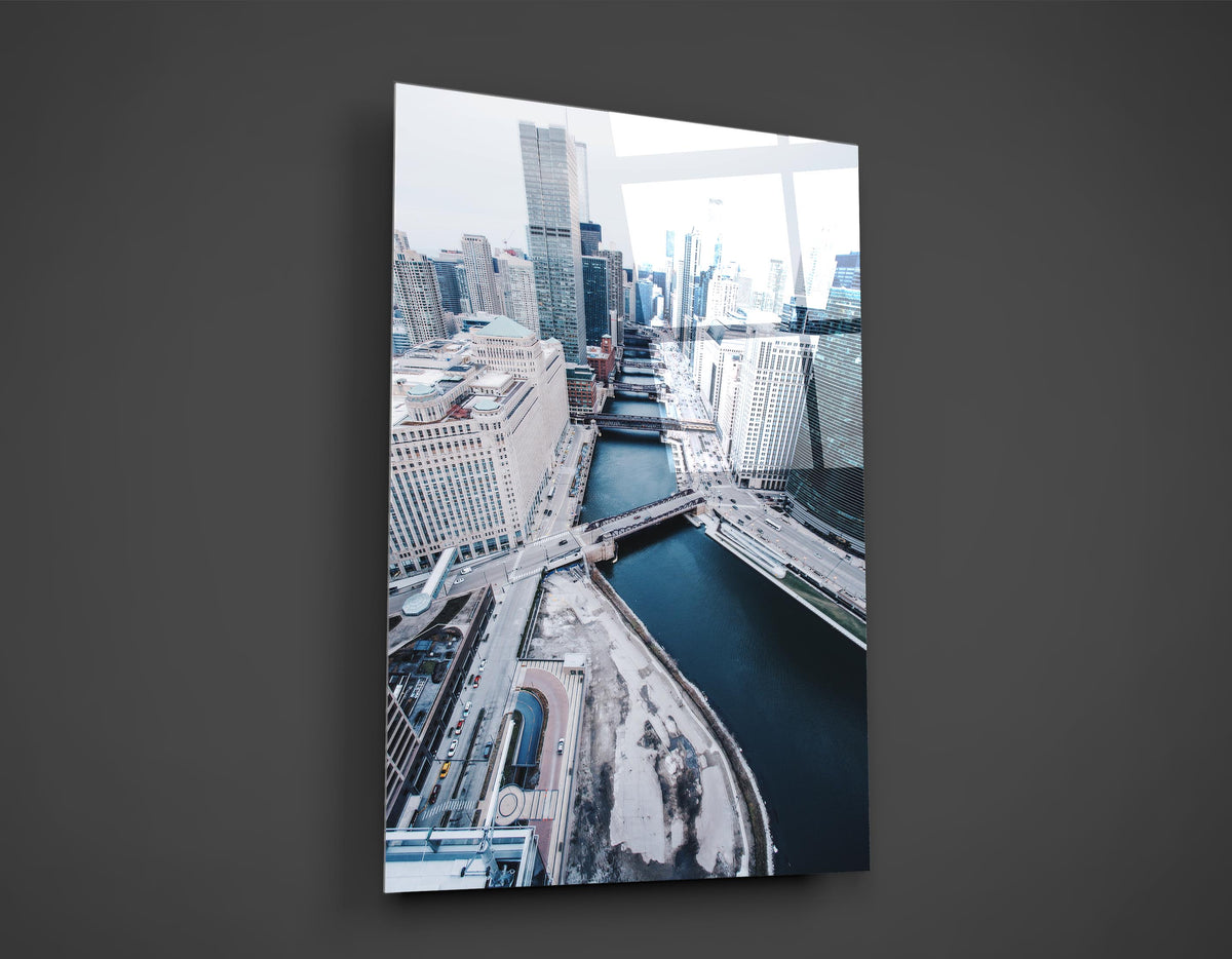 Snowy City River Aerial View Glass Wall Art close-up