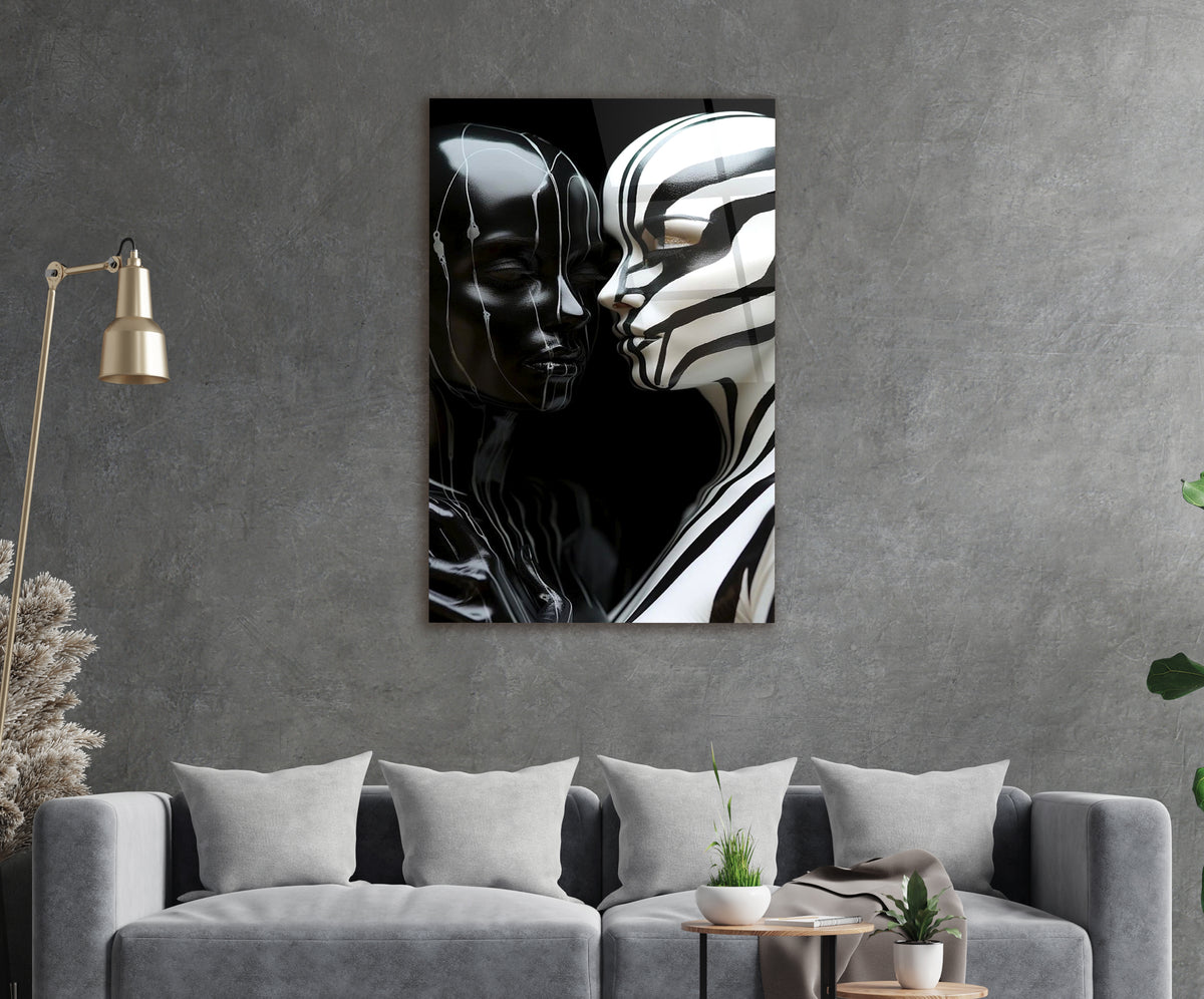 Black and White Lovers Kiss Glass Wall Art in a living room interior