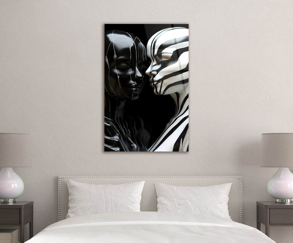 Black and White Lovers Kiss Glass Wall Art in a modern interior