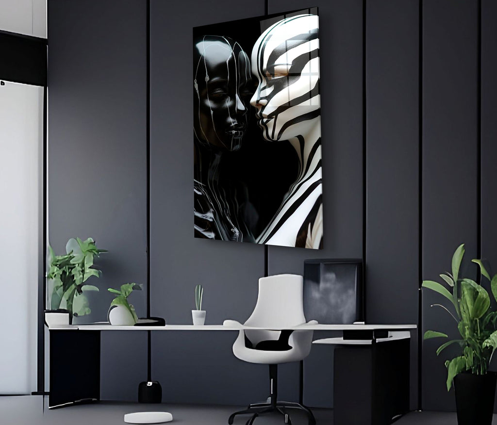 Black and White Lovers Kiss Glass Wall Art on the wall