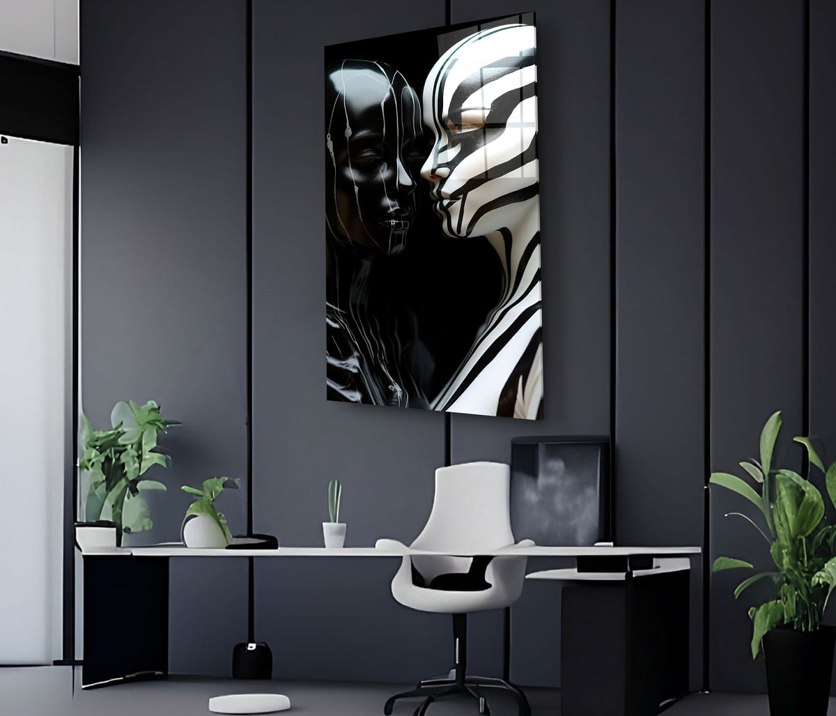Black and White Lovers Kiss Glass Wall Art on the wall