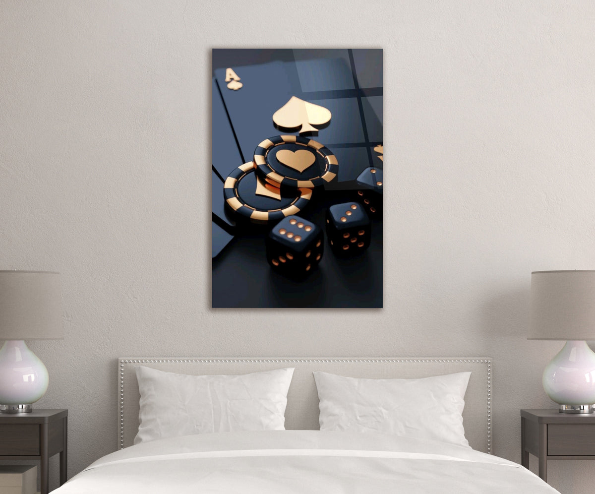 Black & Gold Poker Chips and Dice Glass Wall Art in a living room interior