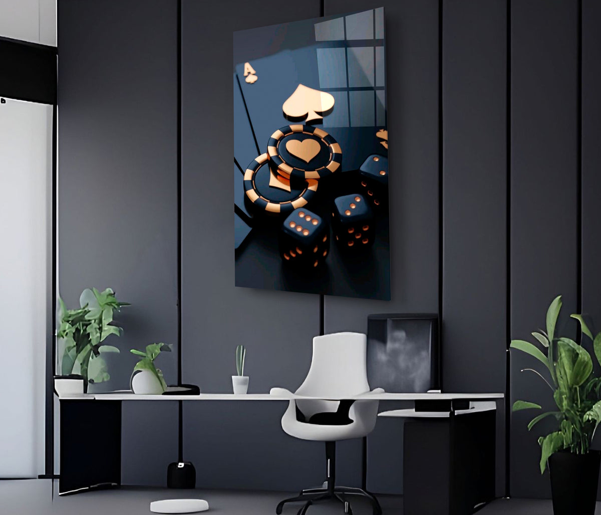 Black & Gold Poker Chips and Dice Glass Wall Art in a modern interior