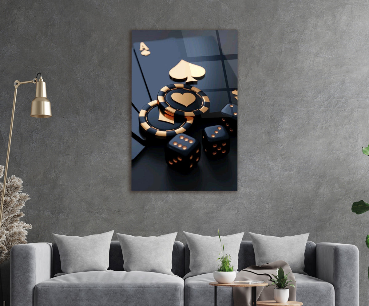 Black & Gold Poker Chips and Dice Glass Wall Art on the wall