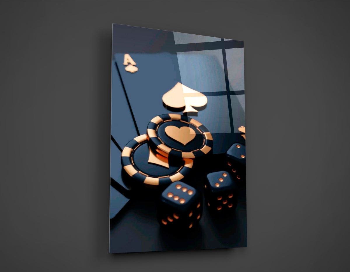 Black & Gold Poker Chips and Dice Glass Wall Art close-up