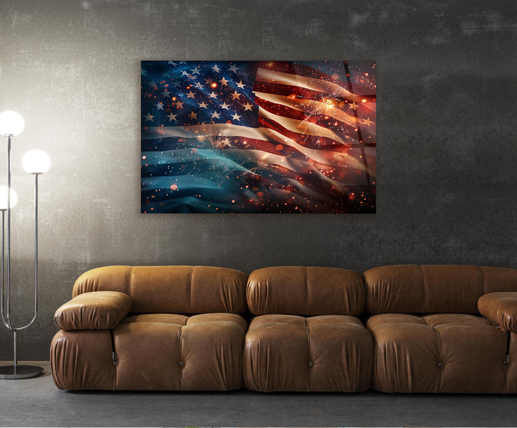 Cosmic American Flag Glass Wall Art in a living room interior