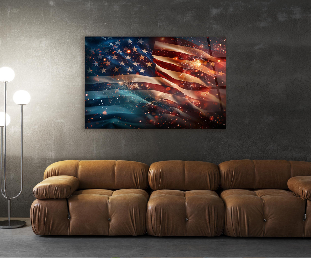 Cosmic American Flag Glass Wall Art in a living room interior
