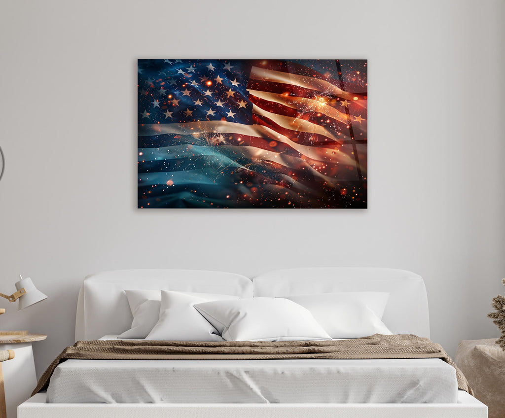 Cosmic American Flag Glass Wall Art in a modern interior