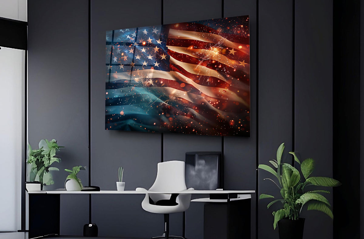 Cosmic American Flag Glass Wall Art on the wall