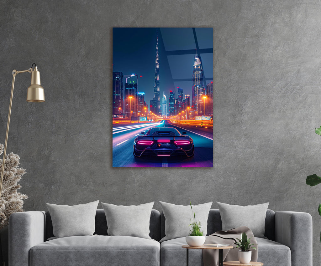 Midnight Skyline Drive Supercar Glass Wall Art in a living room interior