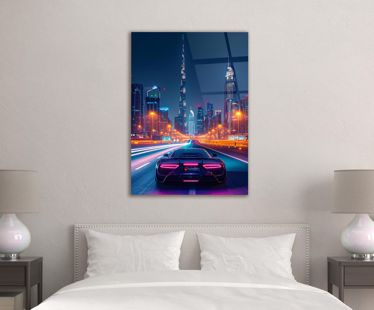 Midnight Skyline Drive Supercar Glass Wall Art in a modern interior