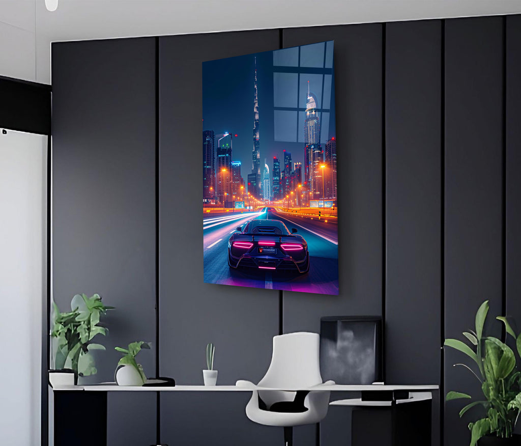 Midnight Skyline Drive Supercar Glass Wall Art on the wall