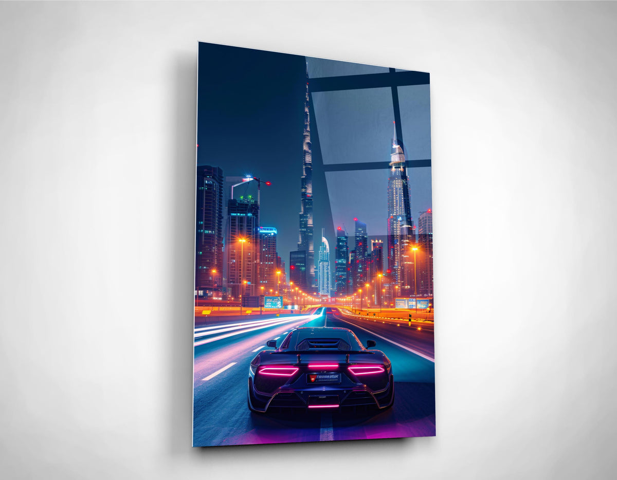 Midnight Skyline Drive Supercar Glass Wall Art close-up
