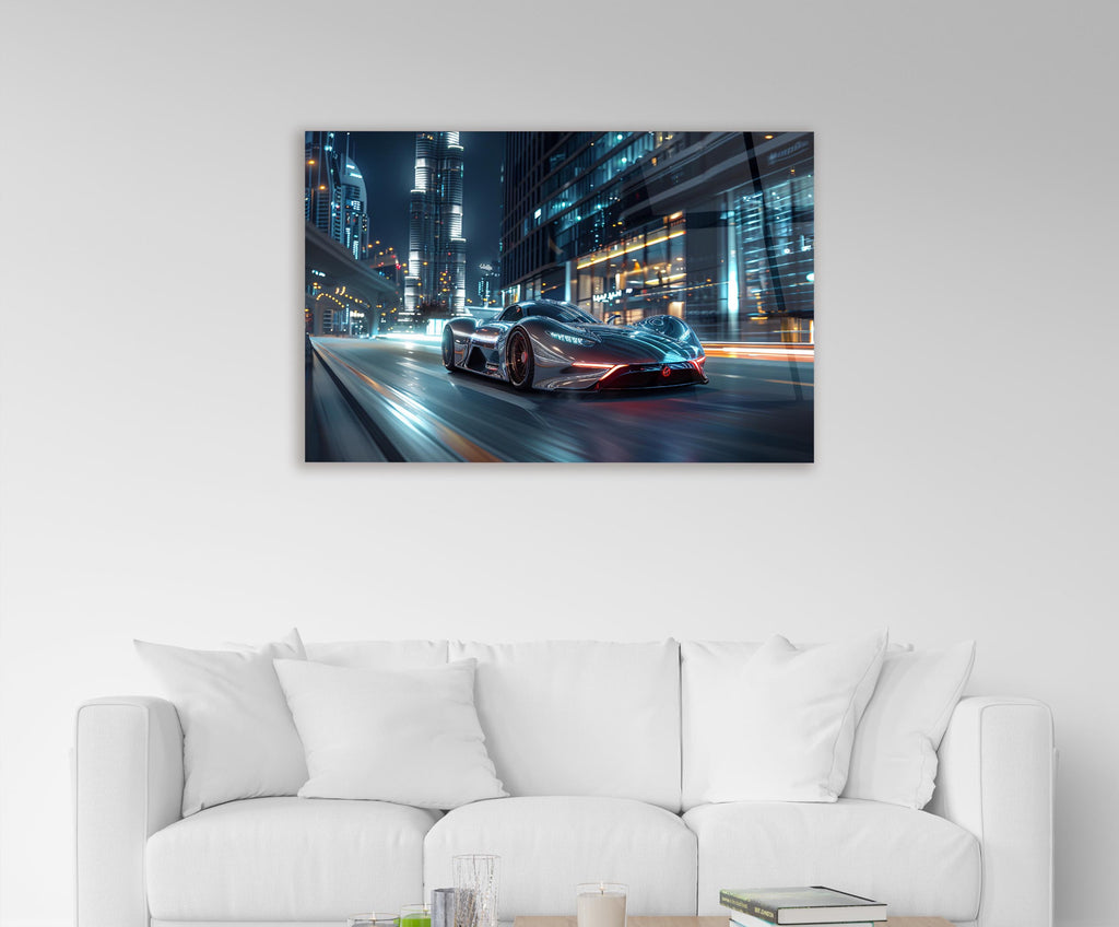 Silver Hypercar City Lights Glass Wall Art in a living room interior