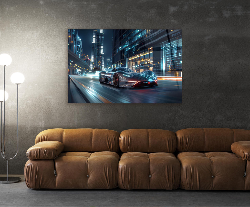 Silver Hypercar City Lights Glass Wall Art in a modern interior