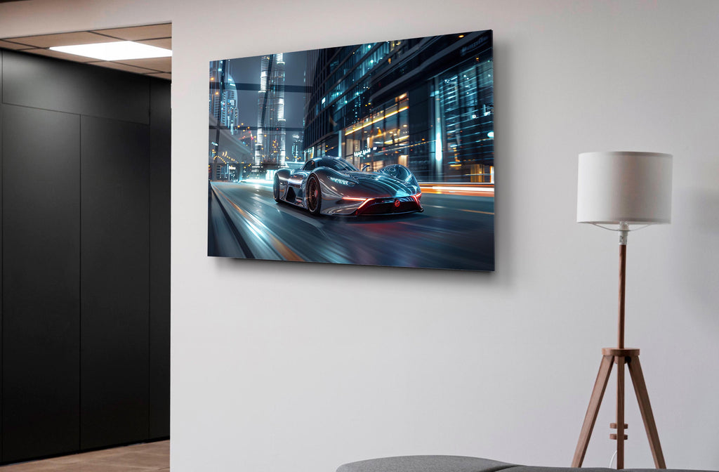 Silver Hypercar City Lights Glass Wall Art on the wall