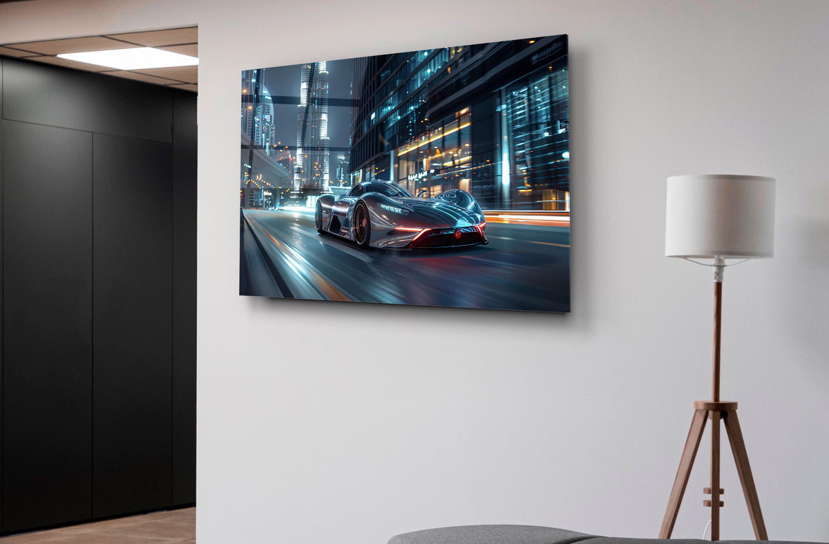Silver Hypercar City Lights Glass Wall Art on the wall