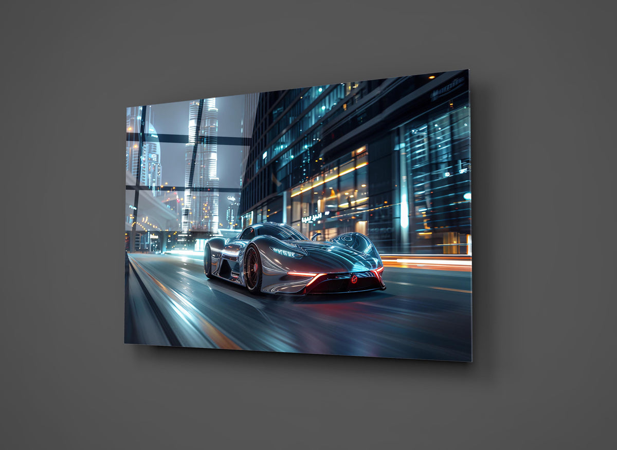Silver Hypercar City Lights Glass Wall Art close-up