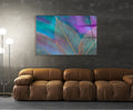 Iridescent Teal Leaves Abstract Glass Wall Art in a living room interior