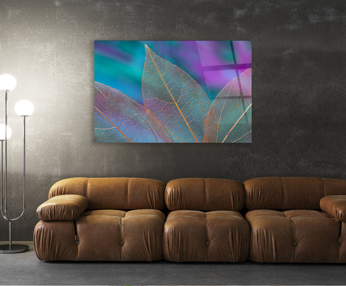 Iridescent Teal Leaves Abstract Glass Wall Art in a living room interior