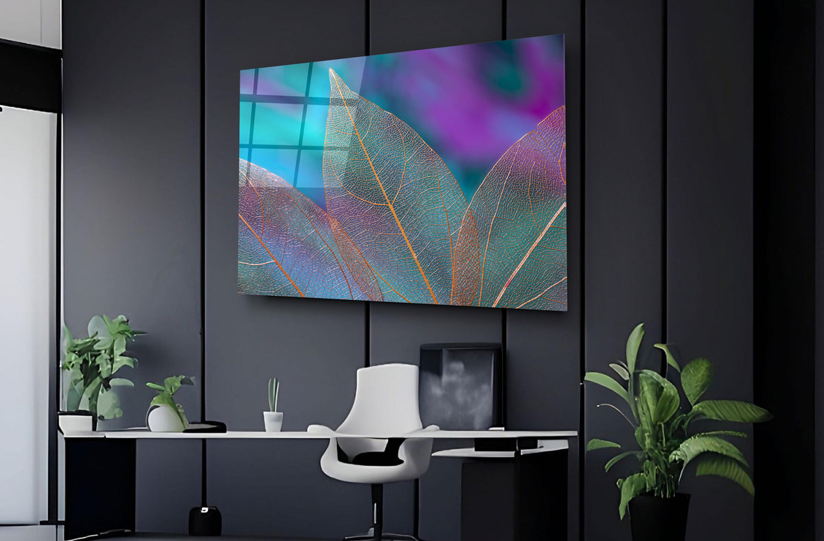 Iridescent Teal Leaves Abstract Glass Wall Art in a modern interior