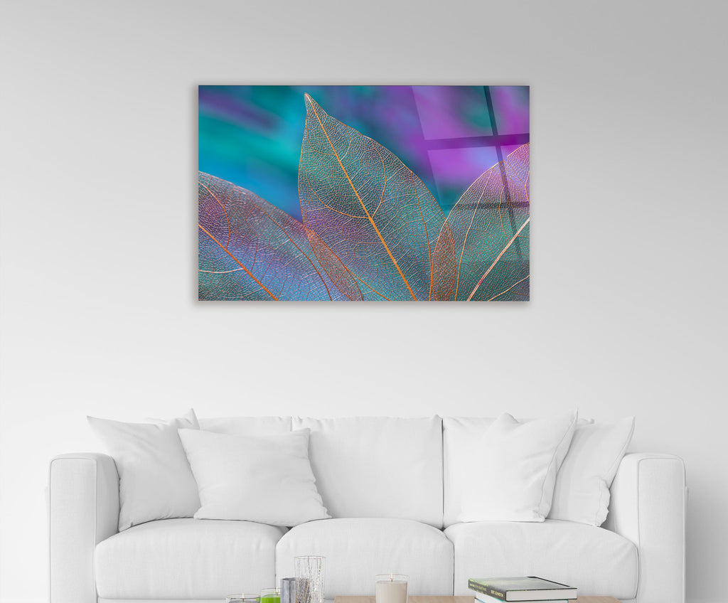 Iridescent Teal Leaves Abstract Glass Wall Art on the wall