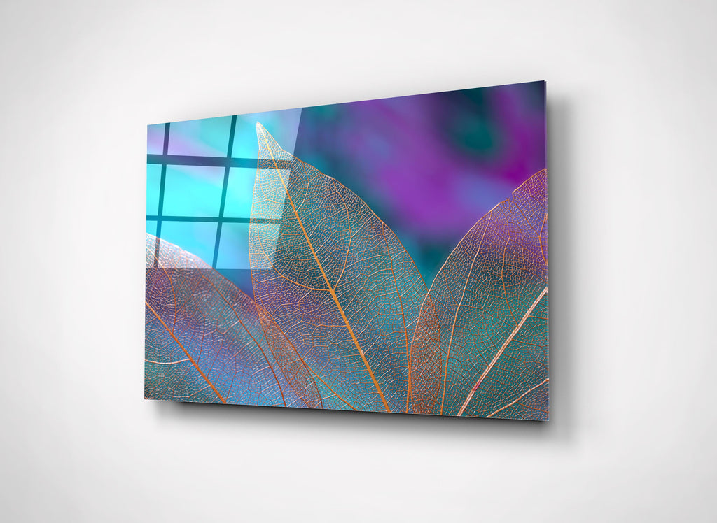 Iridescent Teal Leaves Abstract Glass Wall Art close-up