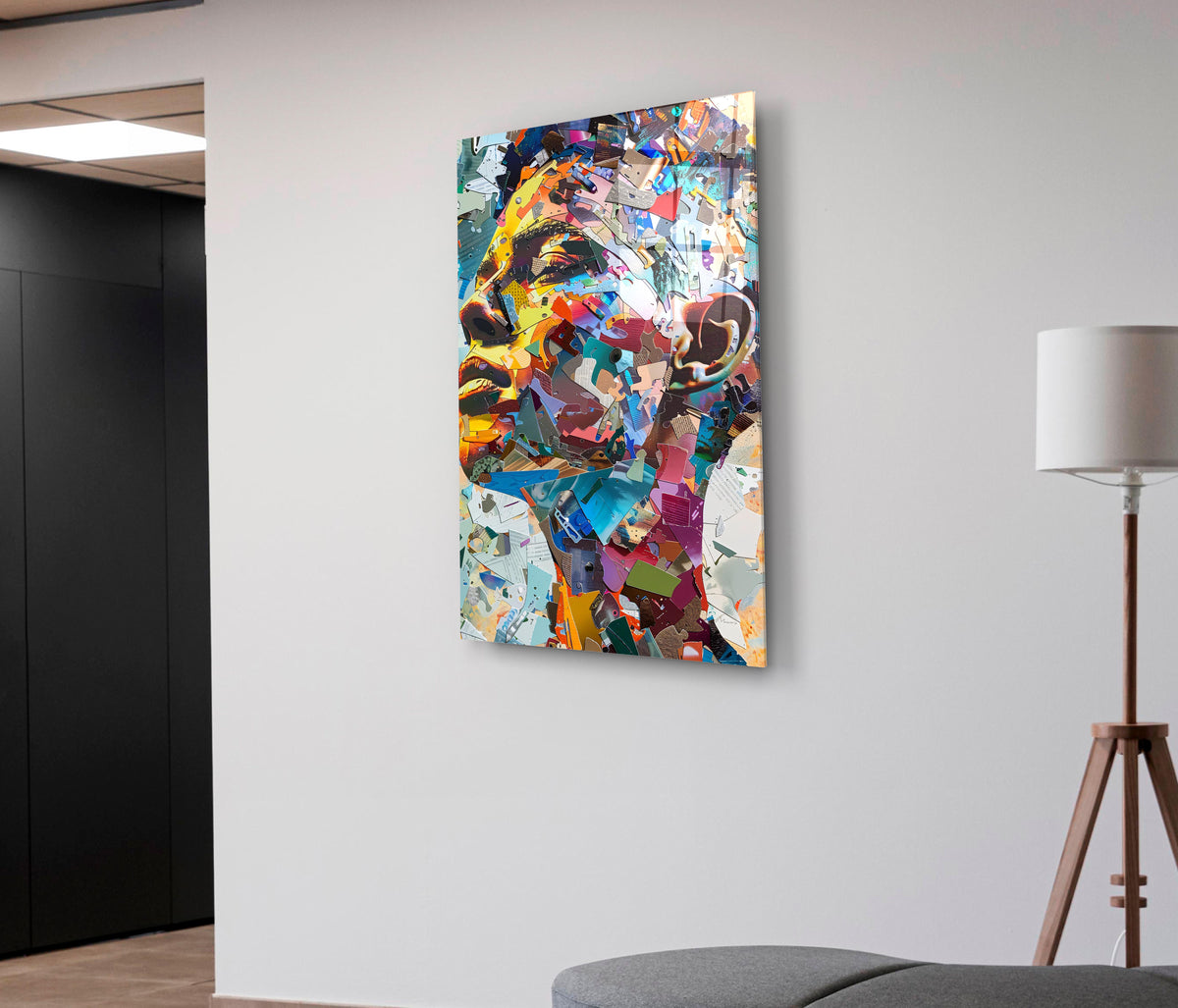 Colorful Paper Collage Portrait Glass Wall Art in a living room interior