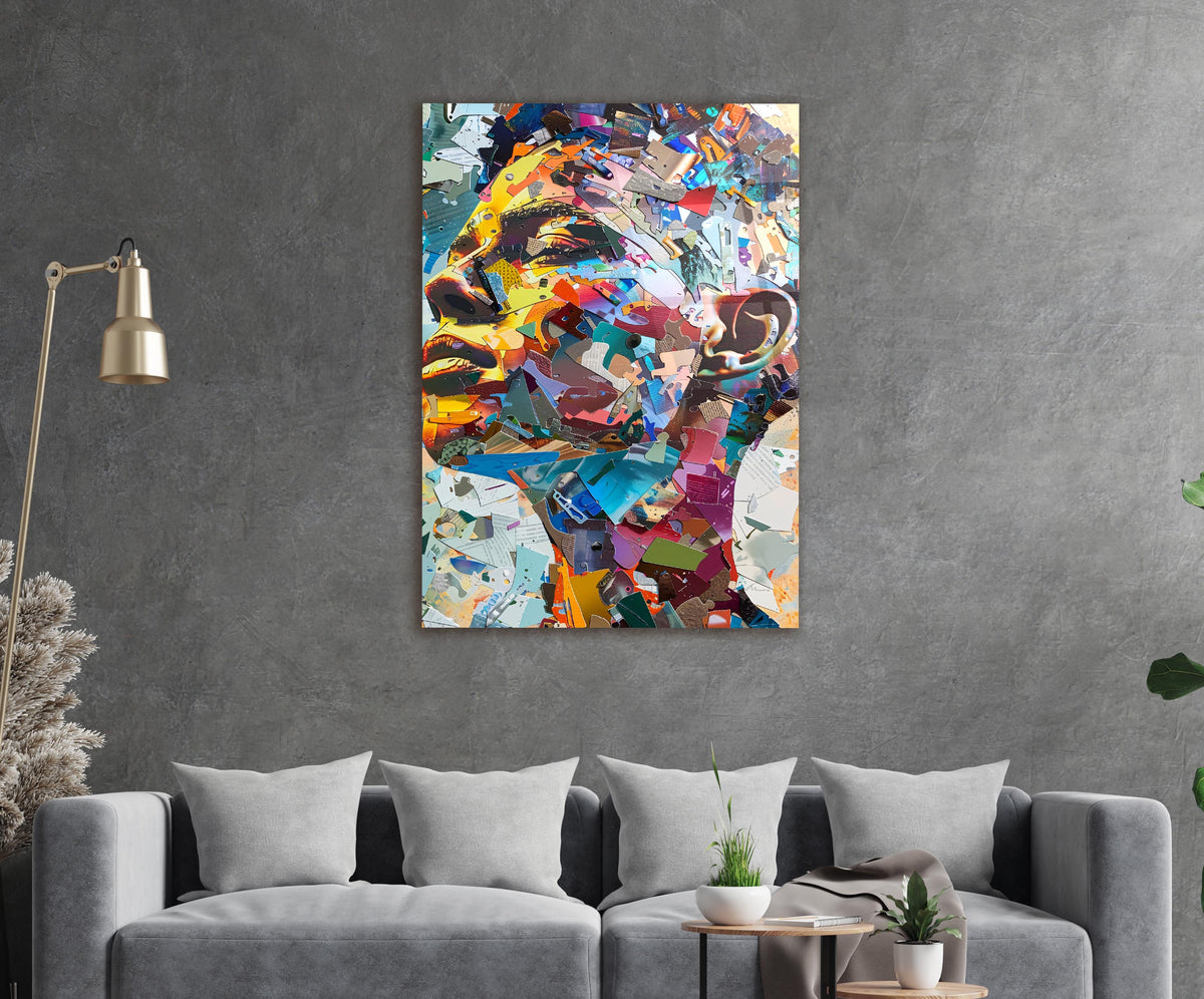 Colorful Paper Collage Portrait Glass Wall Art in a modern interior