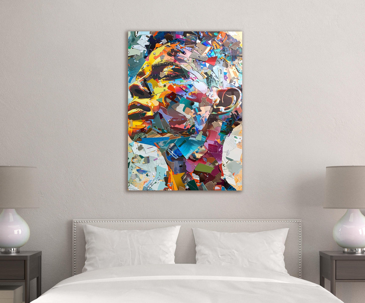 Colorful Paper Collage Portrait Glass Wall Art on the wall