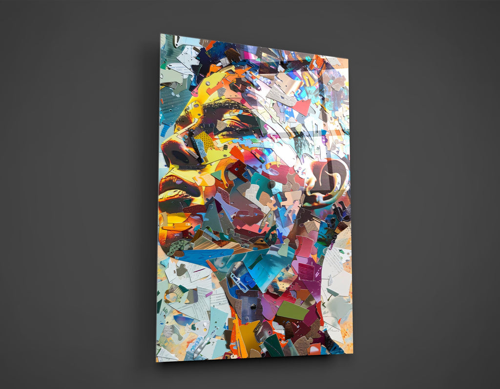 Colorful Paper Collage Portrait Glass Wall Art close-up