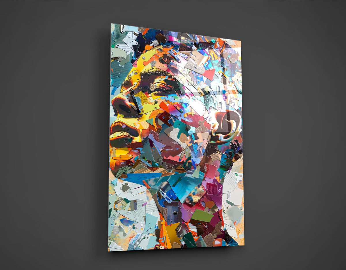 Colorful Paper Collage Portrait Glass Wall Art close-up