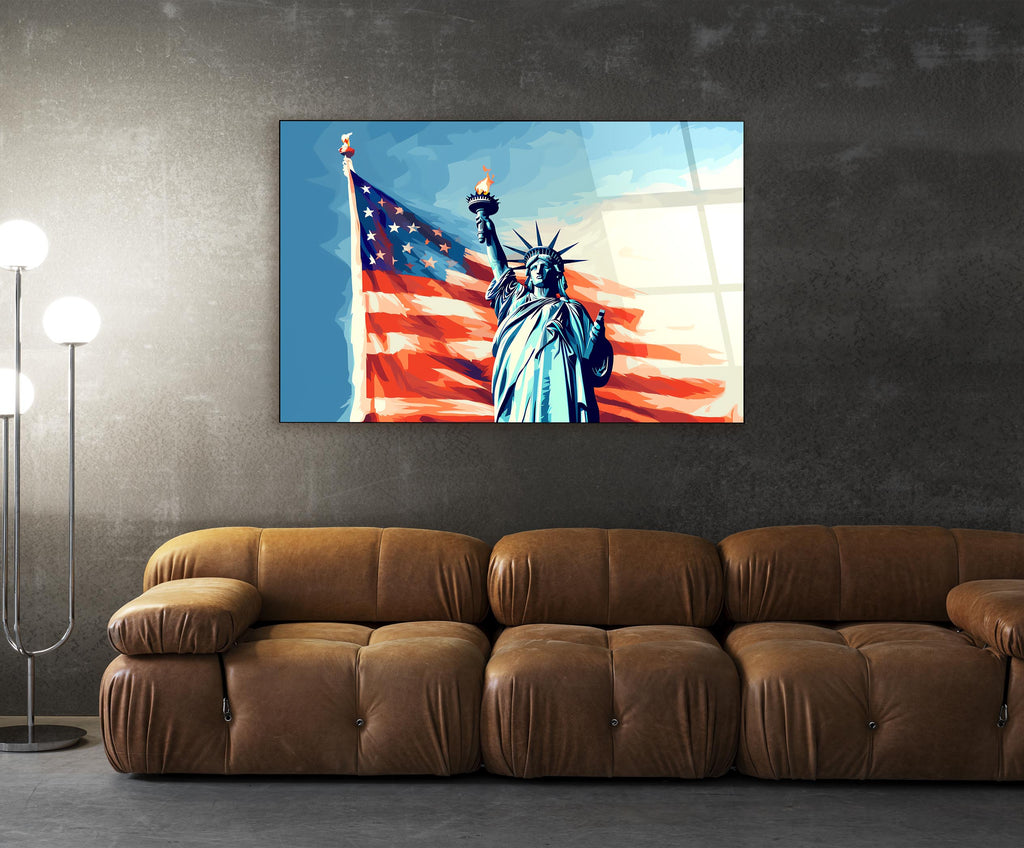 Statue of Liberty and American Flag Glass Wall Art in a living room interior