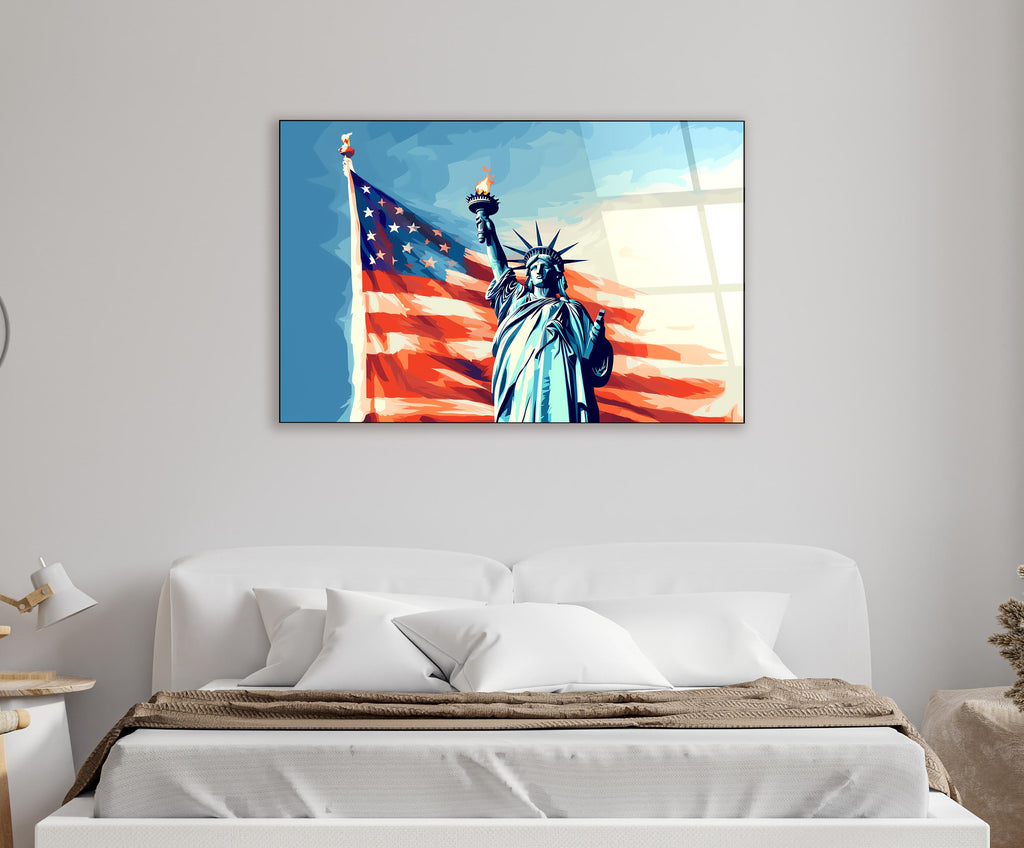Statue of Liberty and American Flag Glass Wall Art in a modern interior