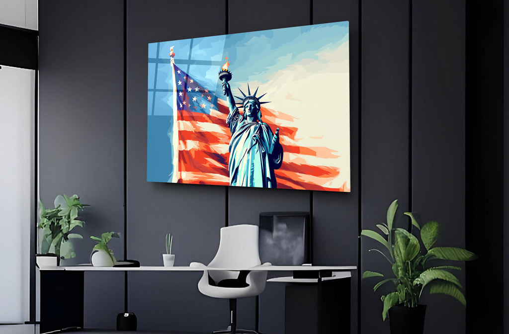 Statue of Liberty and American Flag Glass Wall Art on the wall