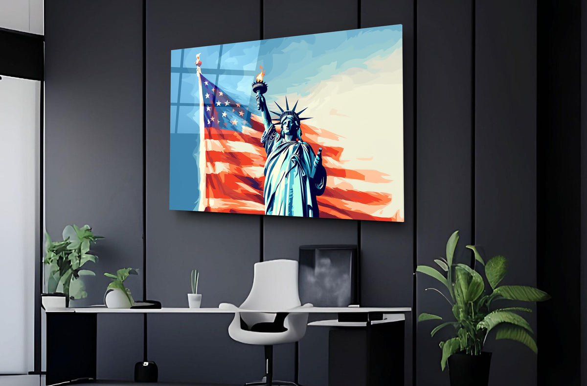 Statue of Liberty and American Flag Glass Wall Art on the wall