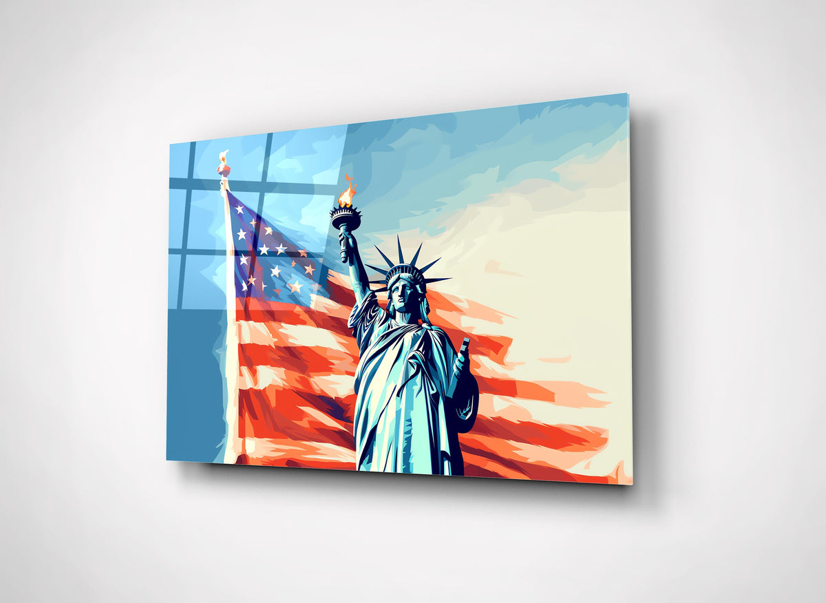 Statue of Liberty and American Flag Glass Wall Art close-up