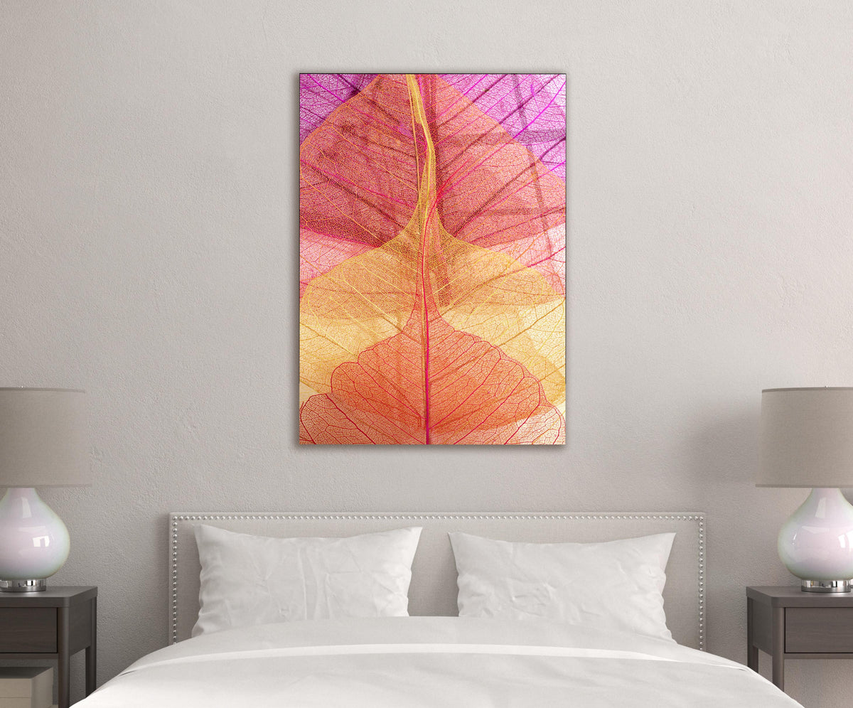Pink and Orange Leaf Veins Glass Wall Art in a living room interior