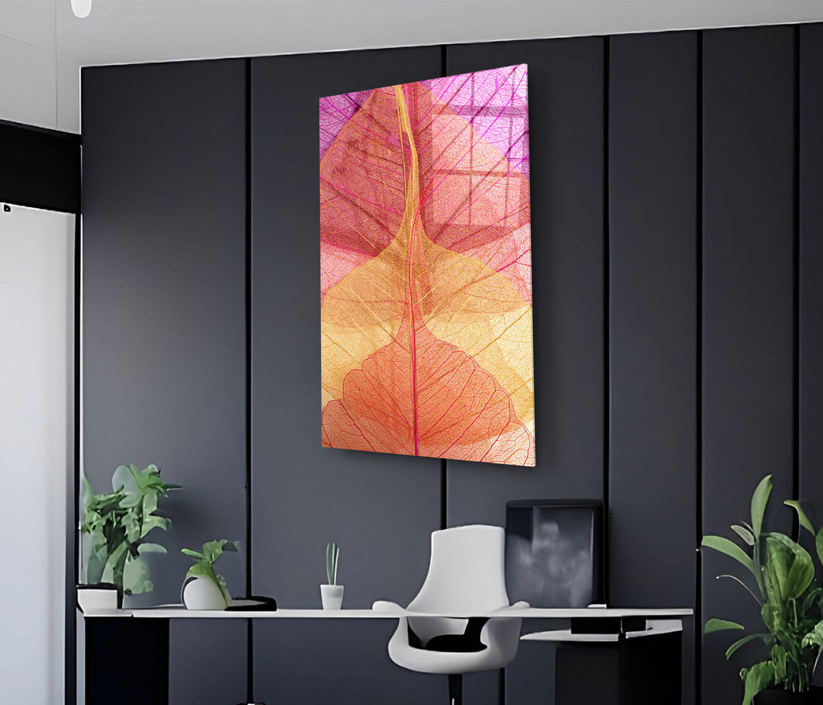 Pink and Orange Leaf Veins Glass Wall Art in a modern interior