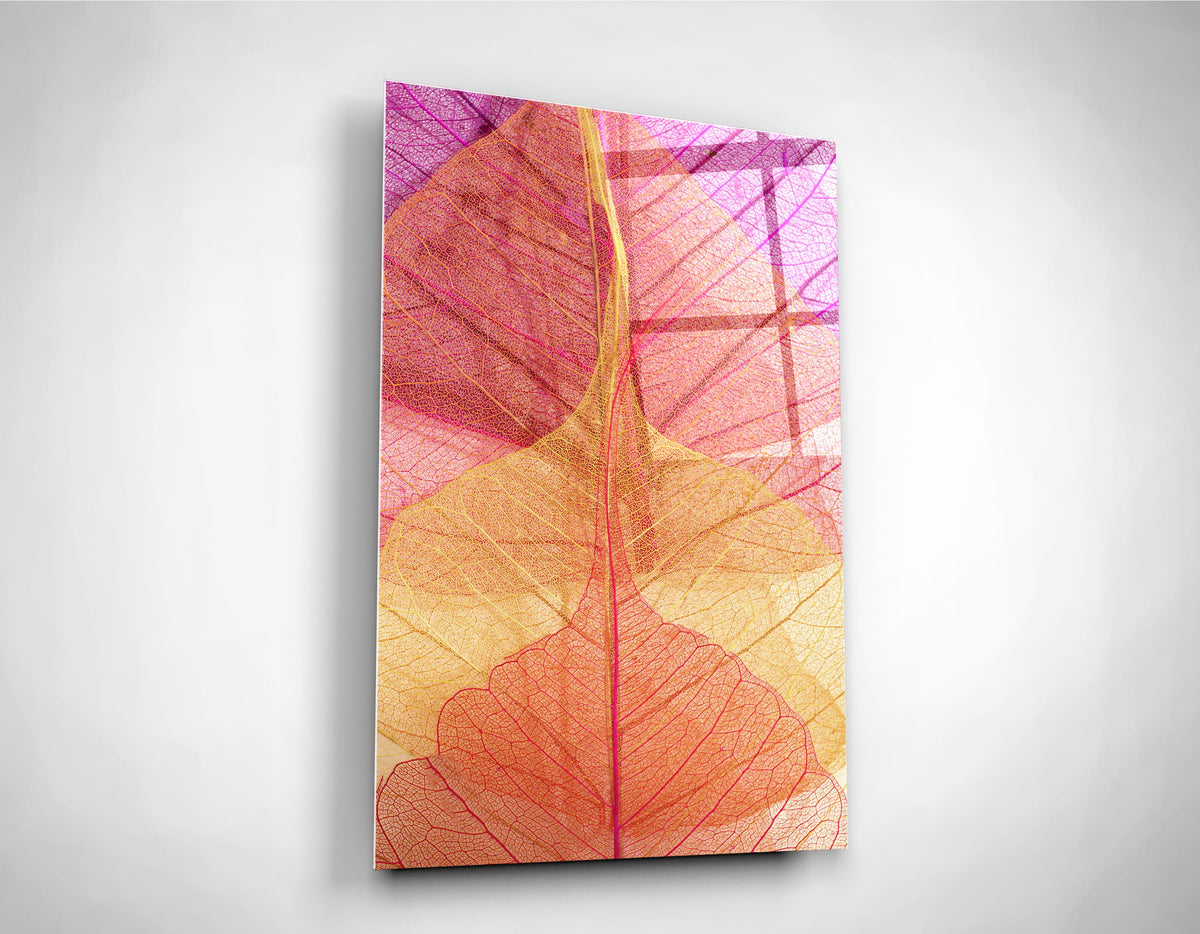 Pink and Orange Leaf Veins Glass Wall Art close-up